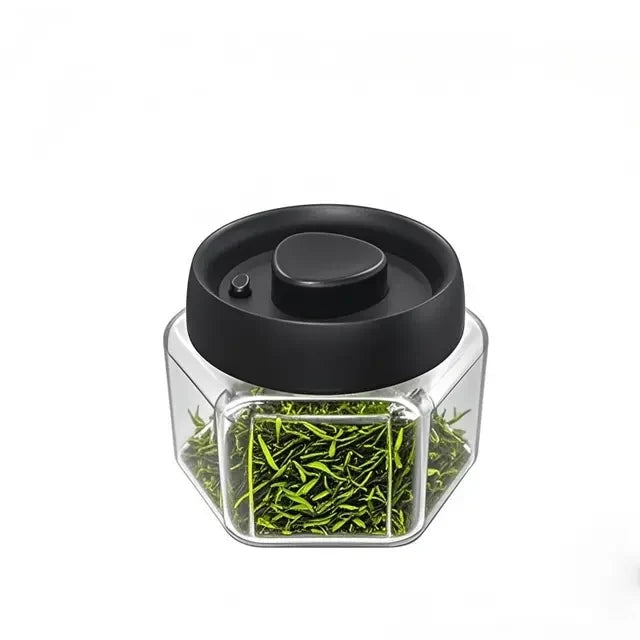Glass Hexagonal Vacuum Canister Airtight Storage Jar for Coffee, Tea, Spices, and Dry Goods