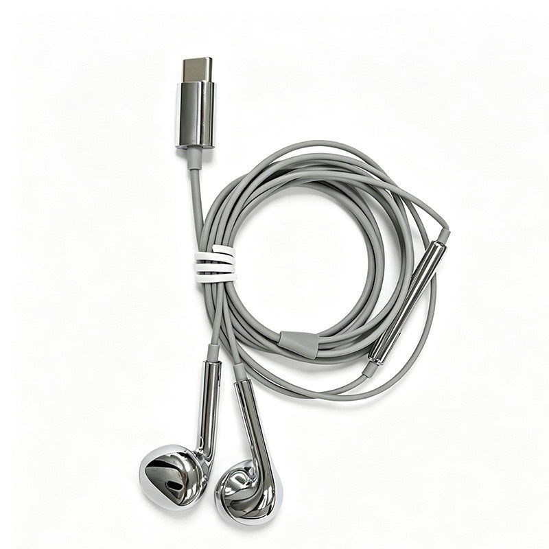 Metal-plated Type-C wired headphones with inline control for volume adjustment