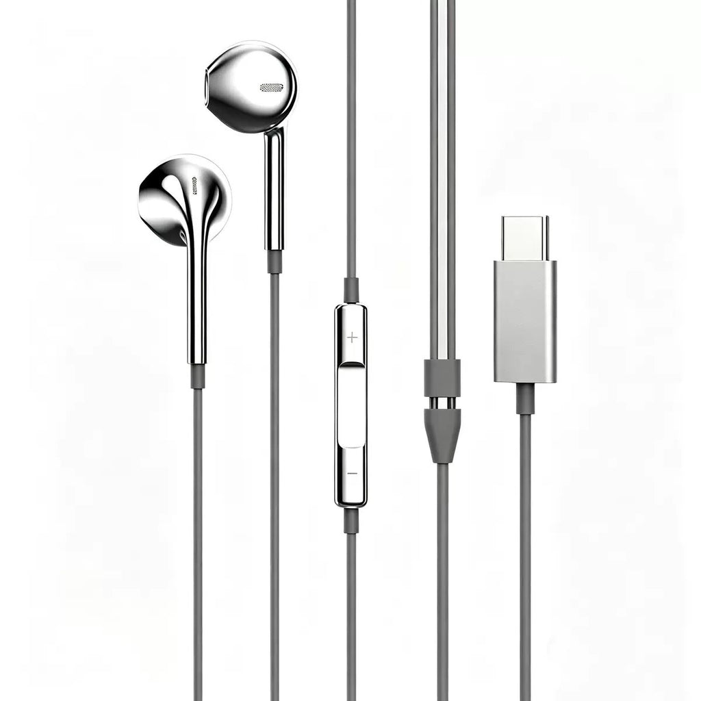 Metal-plated Type-C wired headphones with inline control for volume adjustment