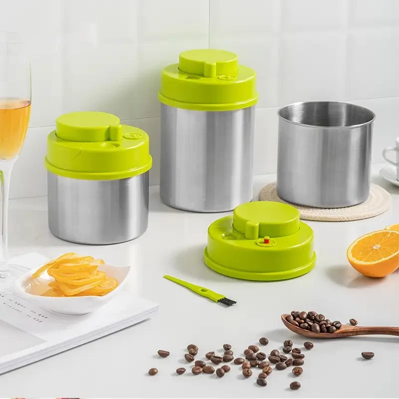 Custom Green Airtight Storage Jar Stainless Steel Coffee Container Vacuum Sealer Container with Pump