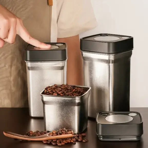 Vacuum Square Stainless Steel Airtight Lid Push Button Kitchen Storage Jar